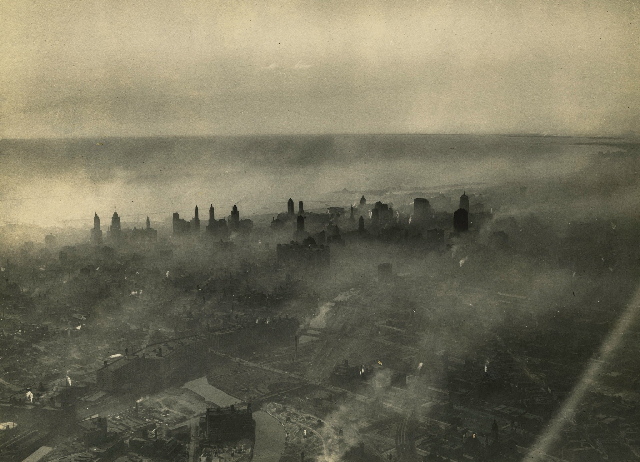 original 1930s aerial view photographic print of downtown chicago.