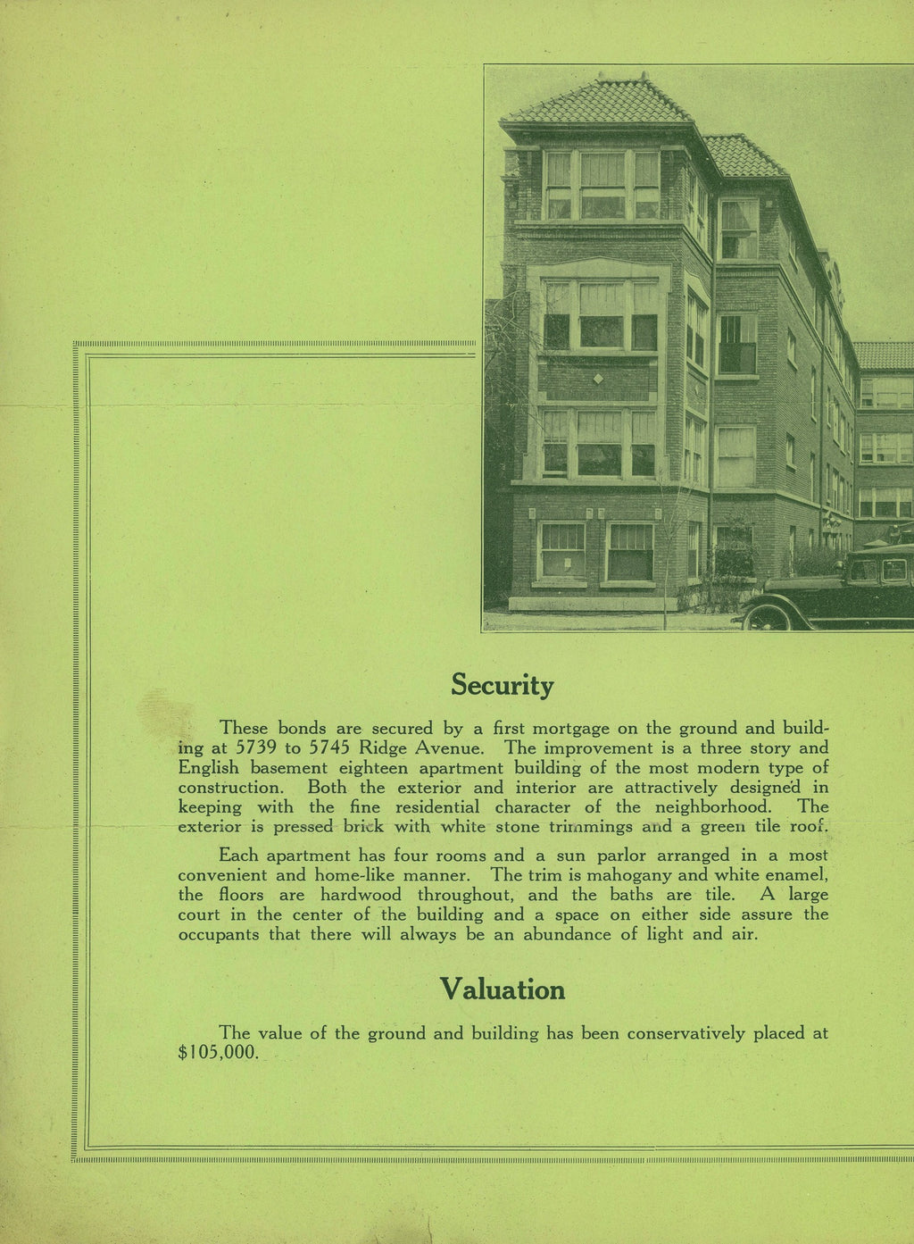 original foldout brochure for william f. tempel and company's three-story florentine apartments, located at 5739-5745 north ridge avenue, chicago, il.