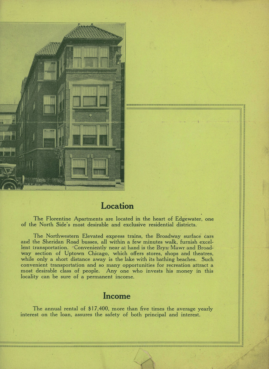original foldout brochure for william f. tempel and company's three-story florentine apartments, located at 5739-5745 north ridge avenue, chicago, il.