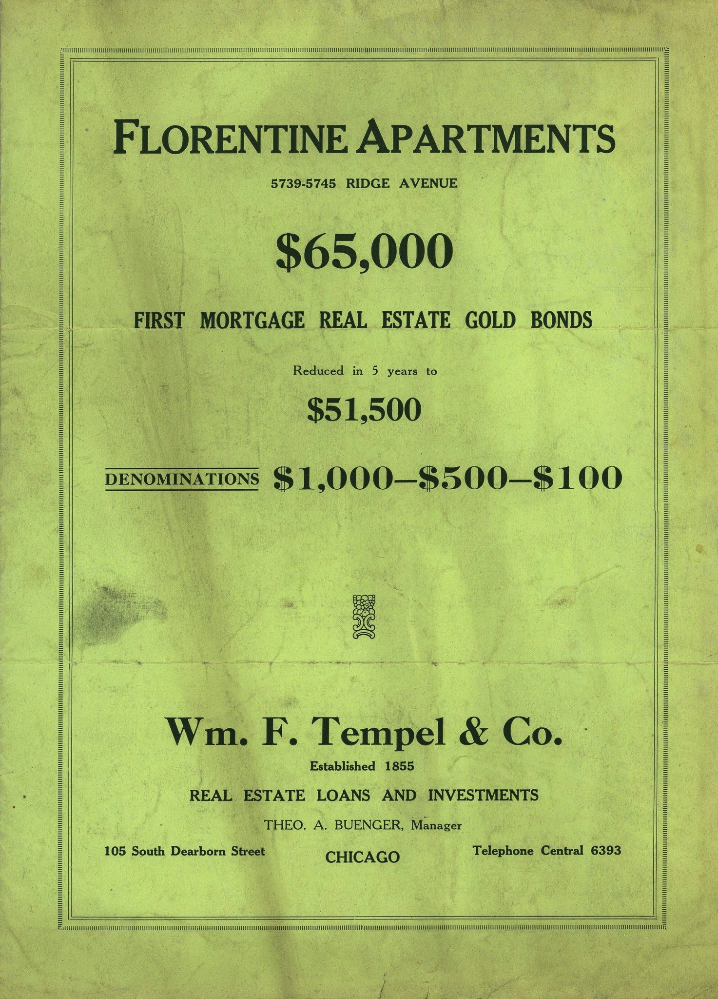 original foldout brochure for william f. tempel and company's three-story florentine apartments, located at 5739-5745 north ridge avenue, chicago, il.