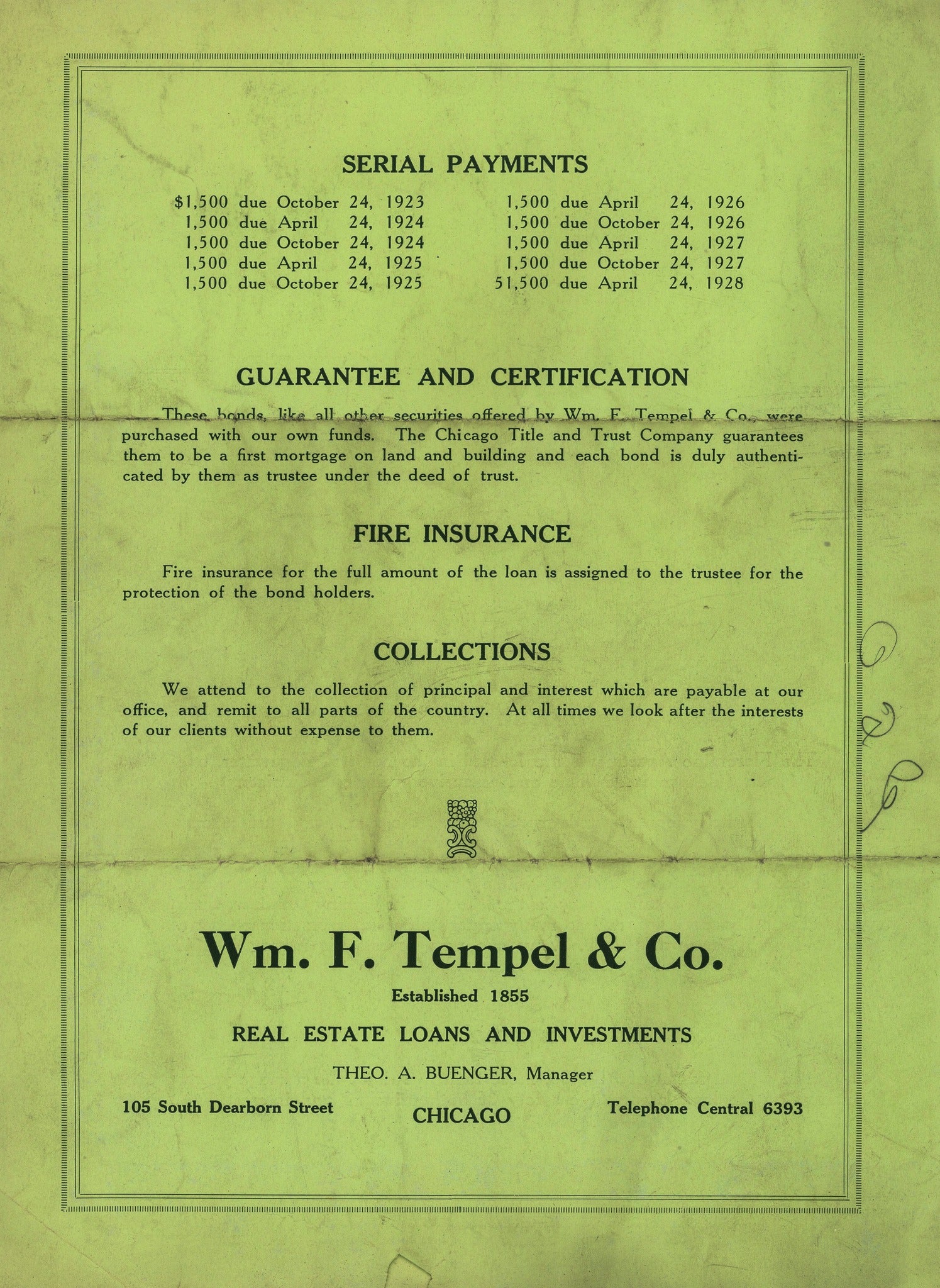 original foldout brochure for william f. tempel and company's three-story florentine apartments, located at 5739-5745 north ridge avenue, chicago, il.