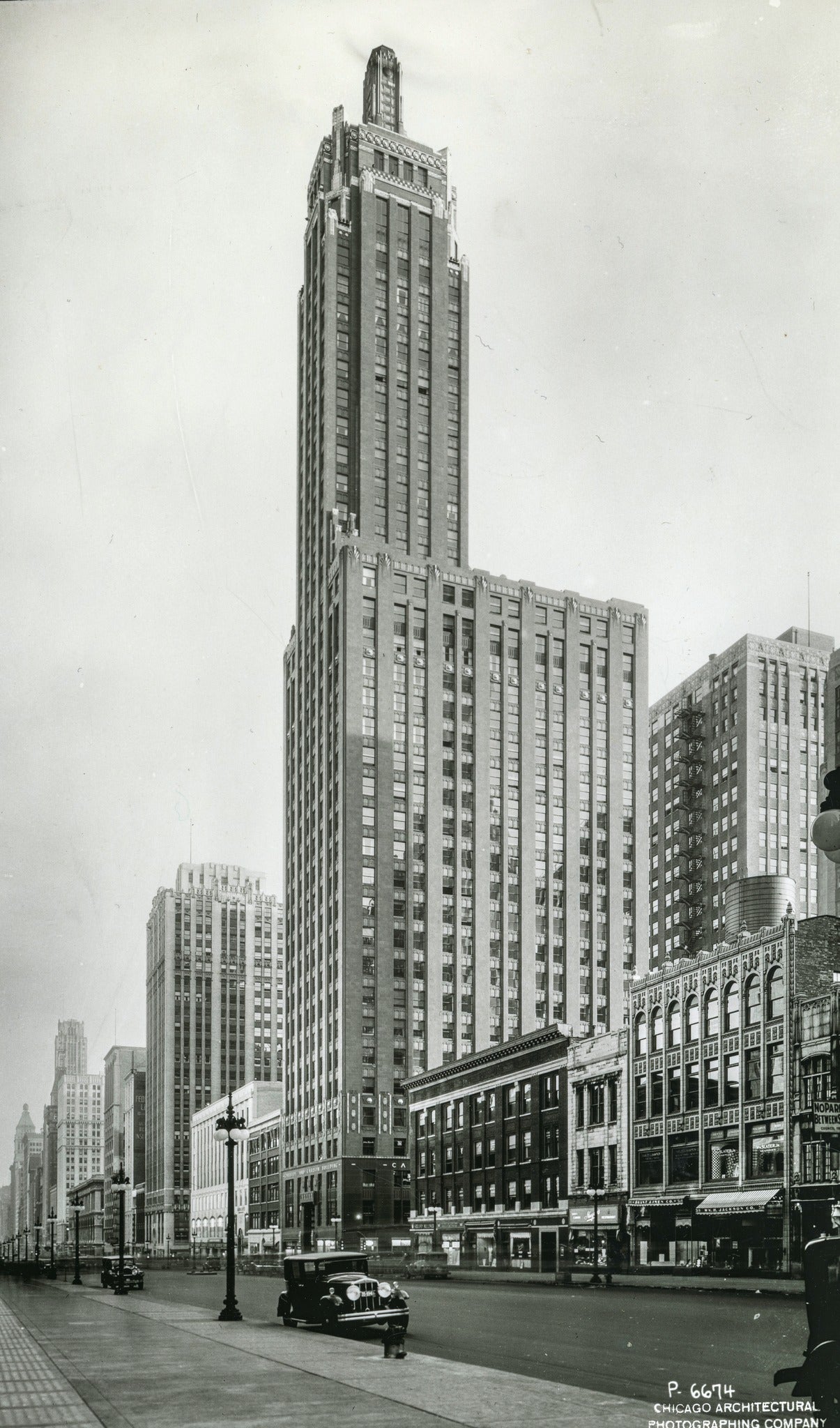 original 1930 chicago architectural photographic print of burnham brothers's 37-story carbon and carbide building (1929), located at 230 north michigan avenue, chicago, il.
