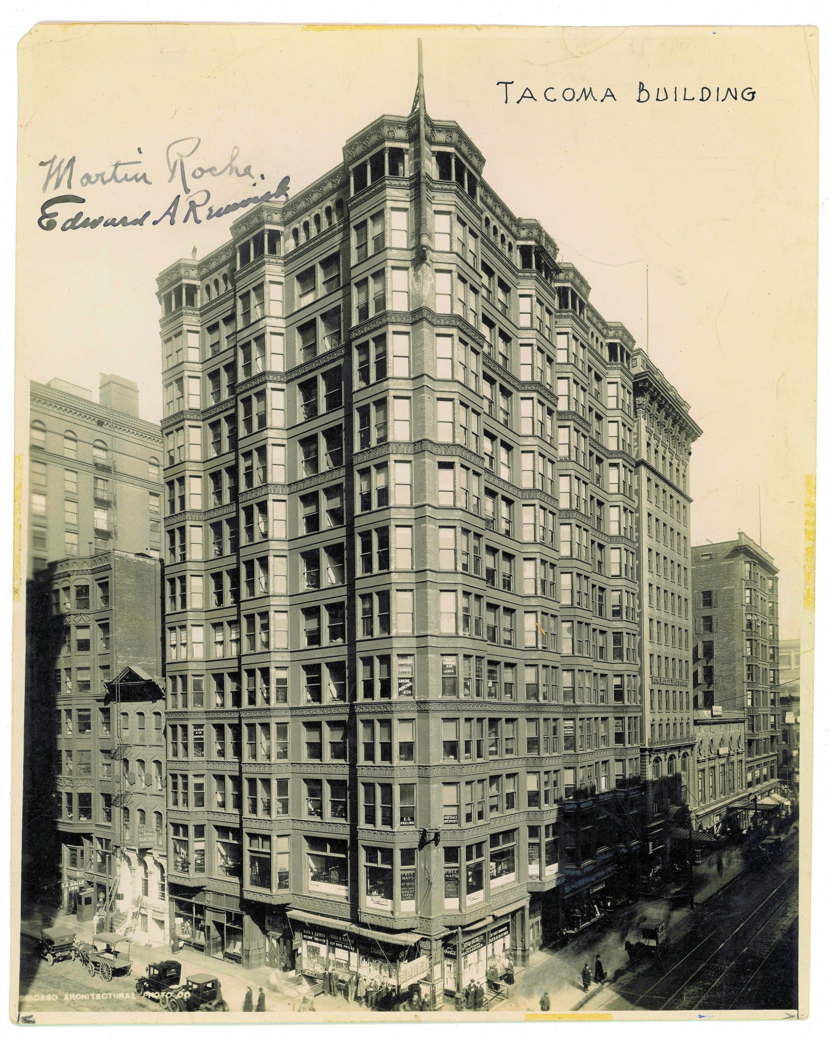 martin roche and edward a. renwick.  original early 20th century 8 x 10 silver gelatin print of holabird and roche's tacoma building (1889-1929) located at the northeast corner lasalle and madison street, chicago, il.