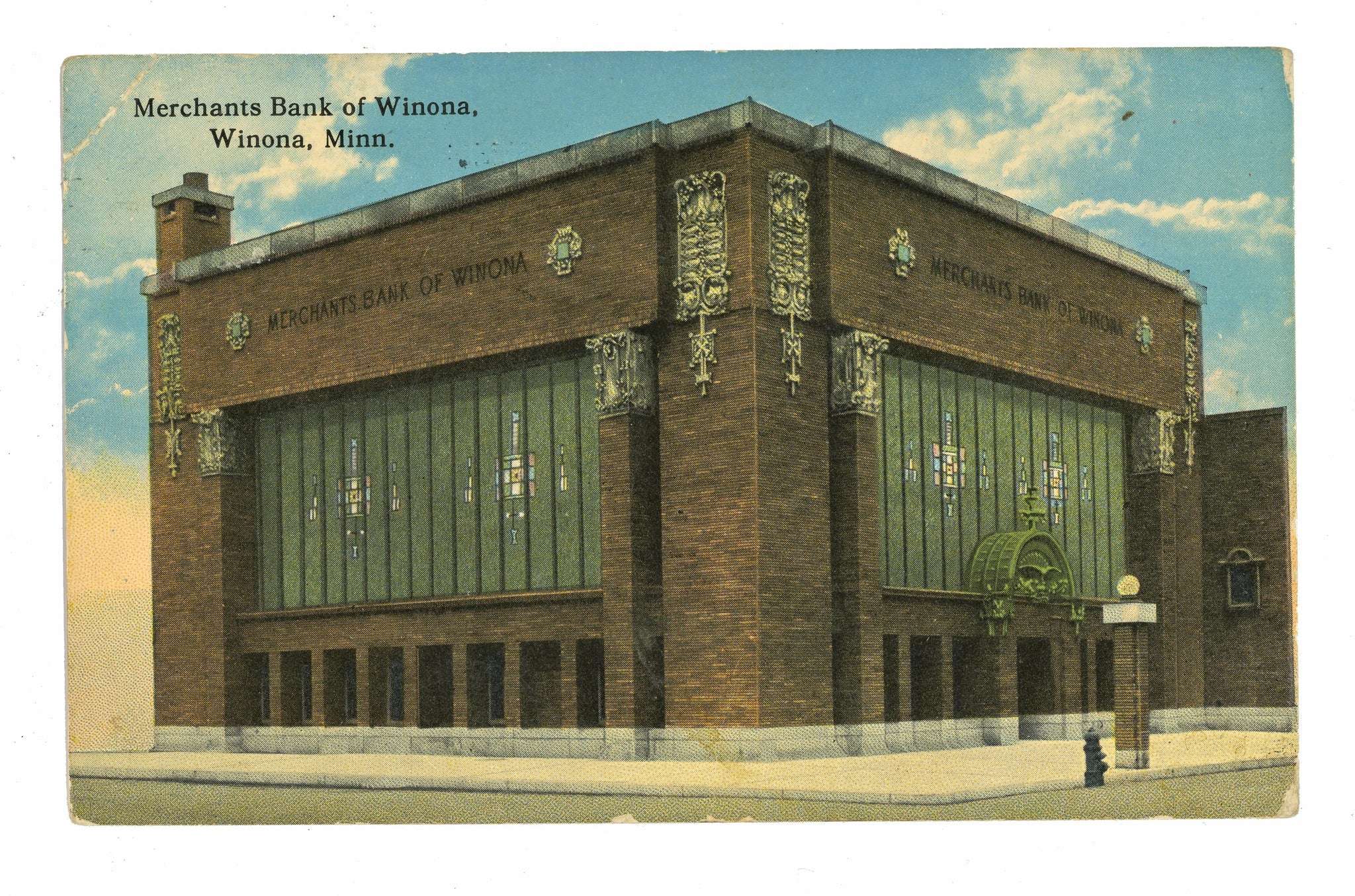 original period postcards of purcell, feick, and elmslie's merchants national bank (1912) located at 102 east third street, winona, mn. the polychromed ornament was modeled by kristian schneider for the american terra cotta company of chicago.