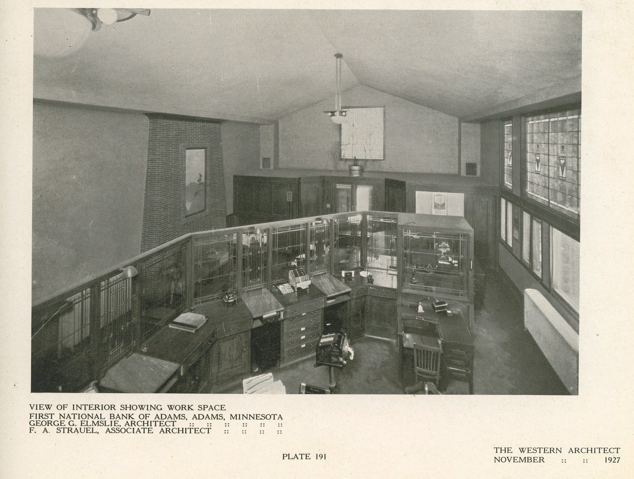 november 1927 western architect lithographic plates of purcell and elmslie’s first national bank (1920), located at 322 west main street, adams, mn.