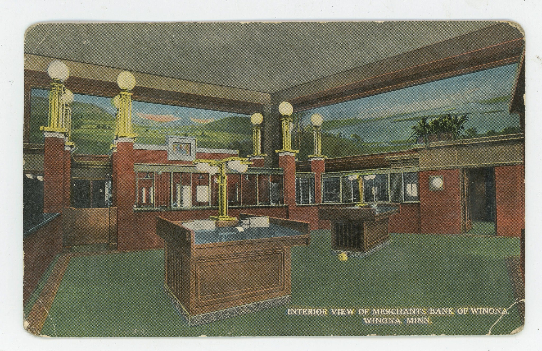 original period postcards of purcell, feick, and elmslie's merchants national bank (1912) located at 102 east third street, winona, mn. the polychromed ornament was modeled by kristian schneider for the american terra cotta company of chicago.