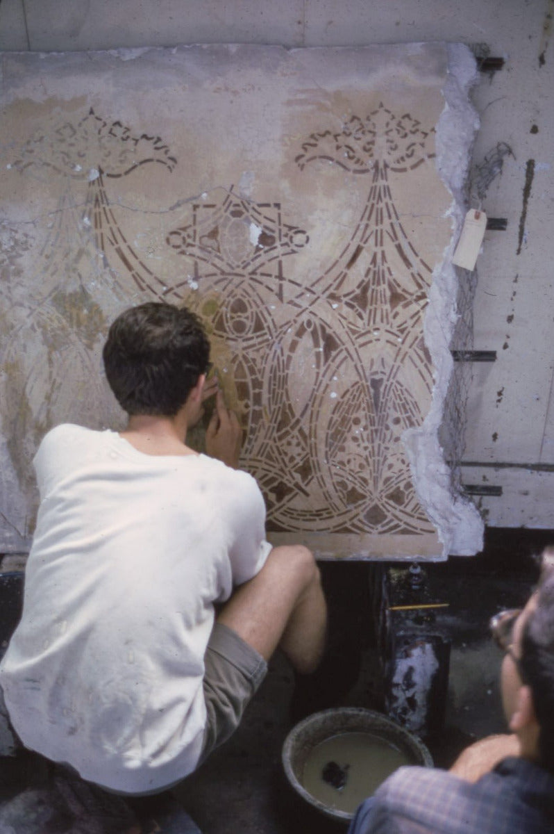 original hand-painted 1960s adler and sullivan schiller building or garrick theater test panel stencil on masonite