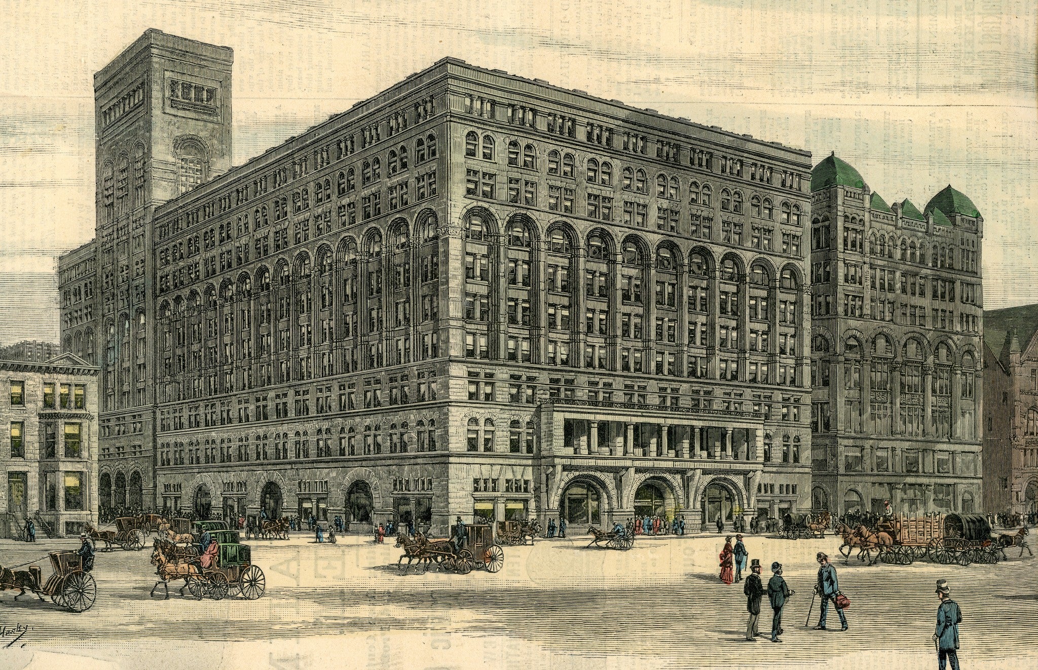 rare and unusual original hand-colored harper's lithograph of adler and sullivan's auditorium building (1889), located at 430 south michigan avenue, chicago, il.