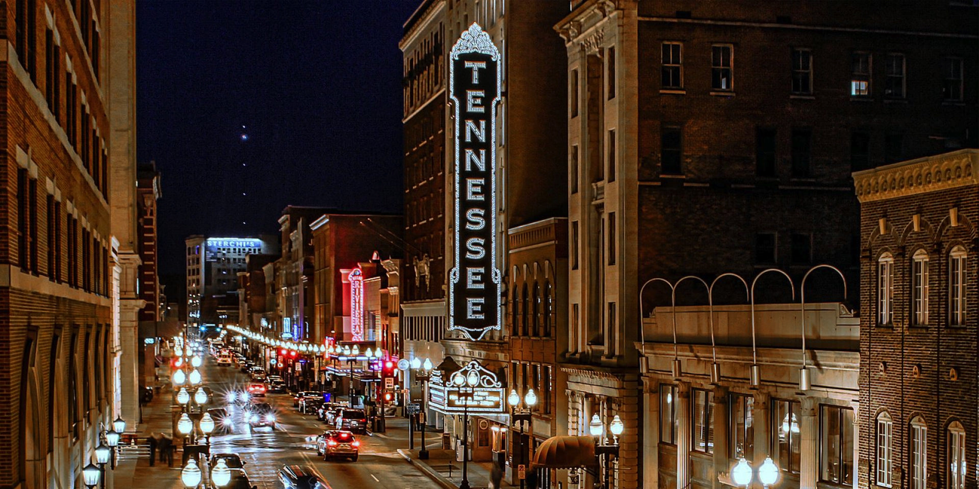 group of three original one-of-a-kind silver gelatin prints depicting the tennessee theater's exterior horizontal marquee, interior auditorium, and projection booth