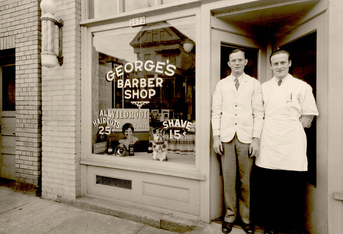 original c. 1930's american depression era single-sided  wall-mount exterior polychromatic vitreous enameled "modern service" barber pole trade sign from the south side of chicago