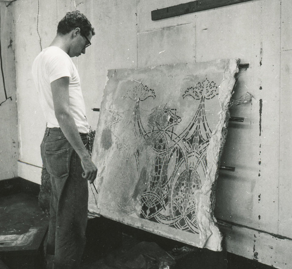 original hand-painted 1960s adler and sullivan schiller building or garrick theater test panel stencil on masonite
