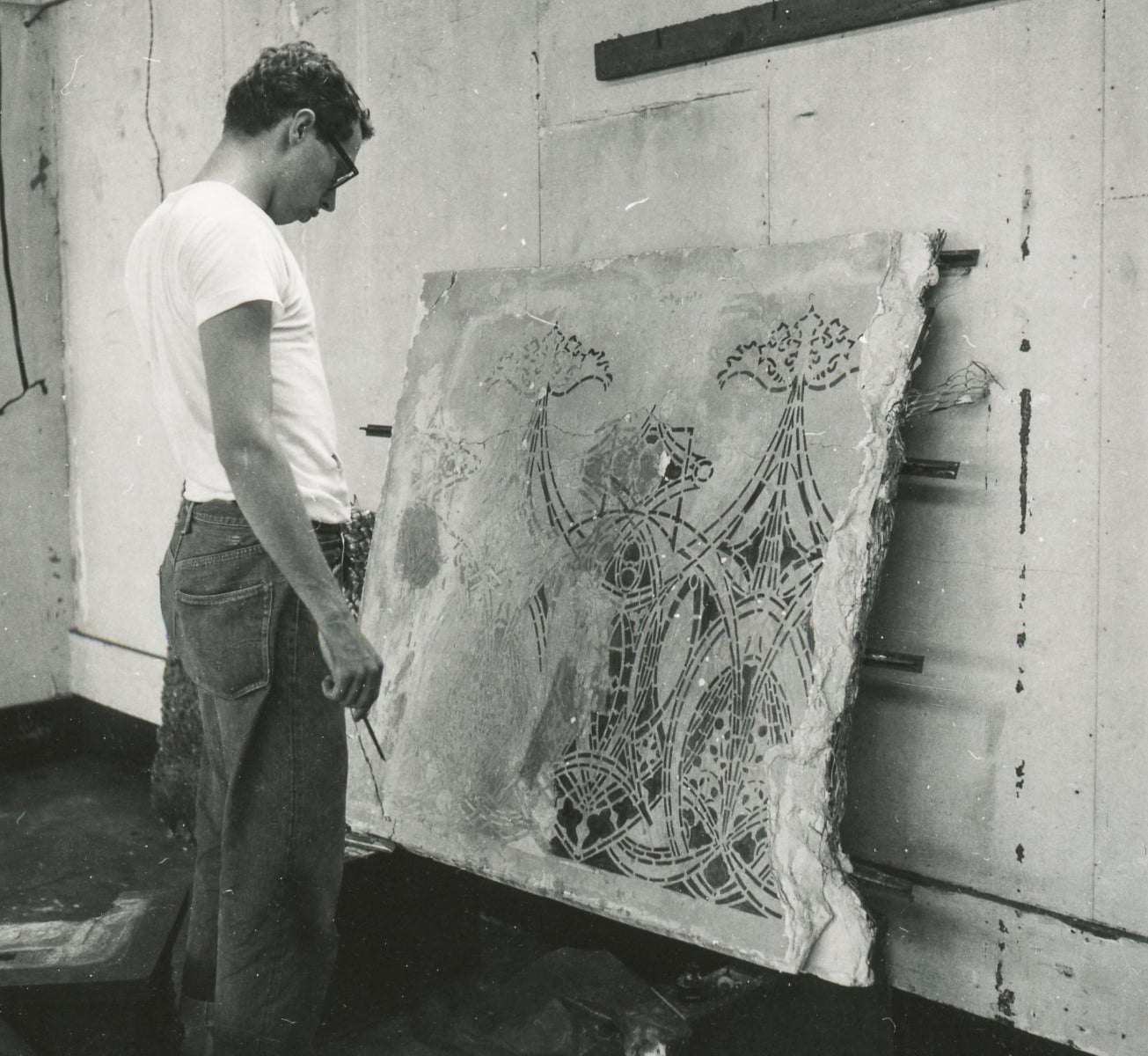 original hand-painted 1960s adler and sullivan schiller building or garrick theater test panel stencil on masonite