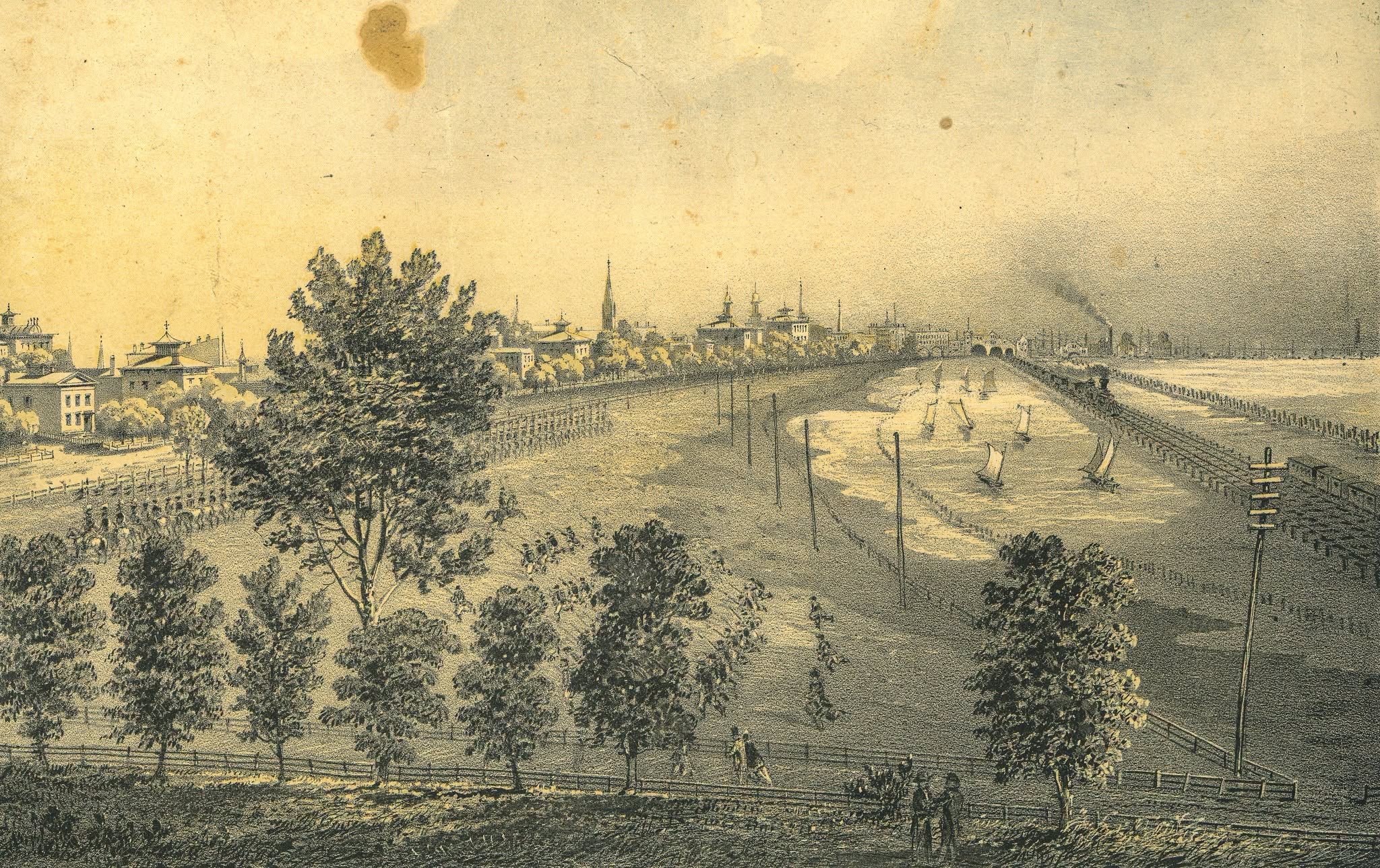 original 19th century chicago lithographing company lithographic print of "michigan avenue from park row" published by jevene almini