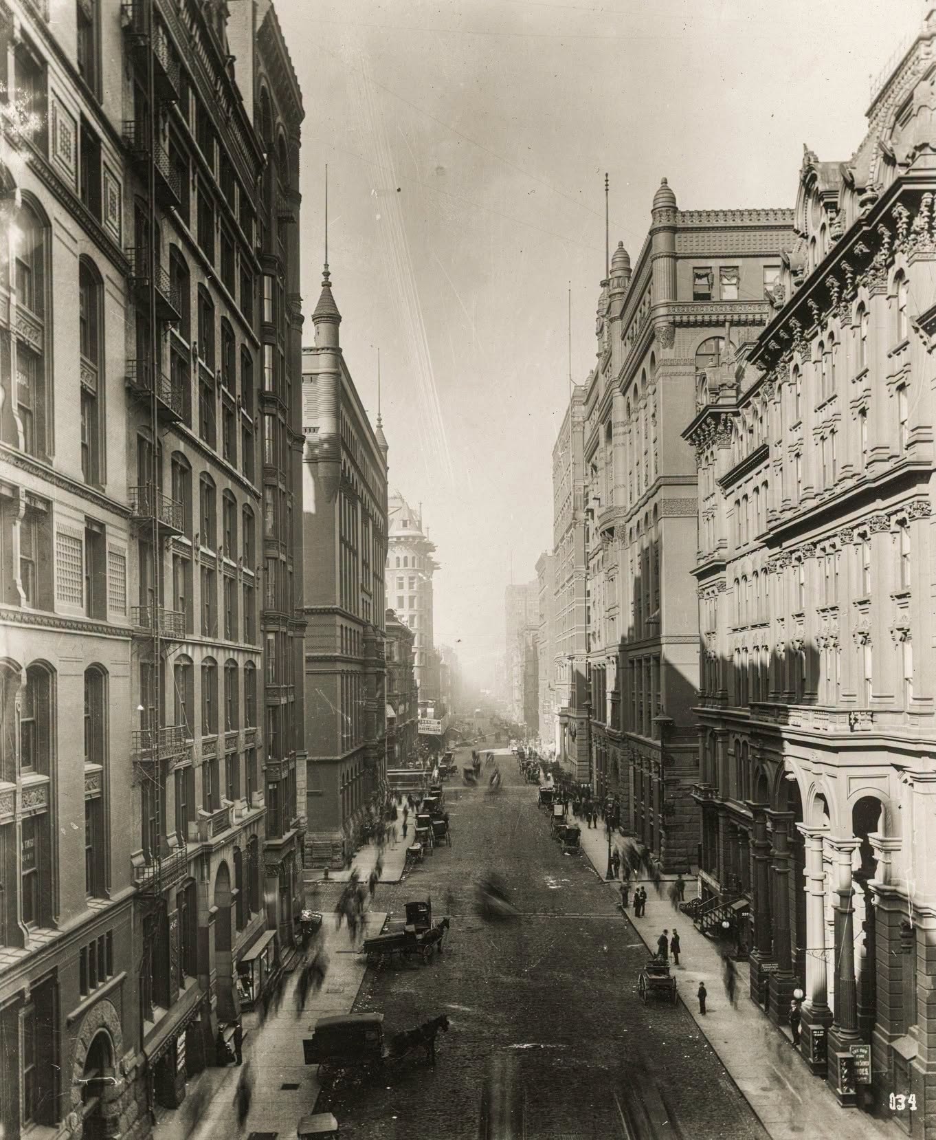 original 1892 james w. taylor photographic image of downtown chicago (lasalle street looking north from william w. boyington's board of trade building (1882-1929). note burnham and root's woman's temple (1892-1926) is nearing completion