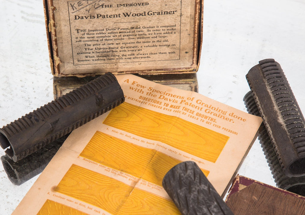 original and complete early 20th century "davis patent" wood grainer kit for faux wood grain finishes applied to woodwork used in oyen's commissions