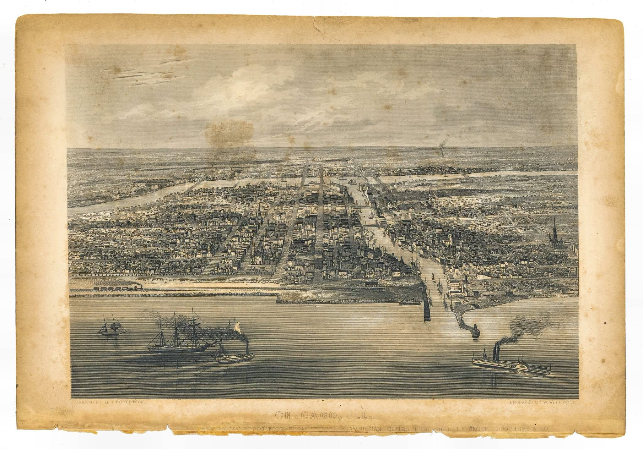 the bird's-eye view engraving is from an original gager & company's 1856-57 city directory of chicago. drawn by george j. robertson.