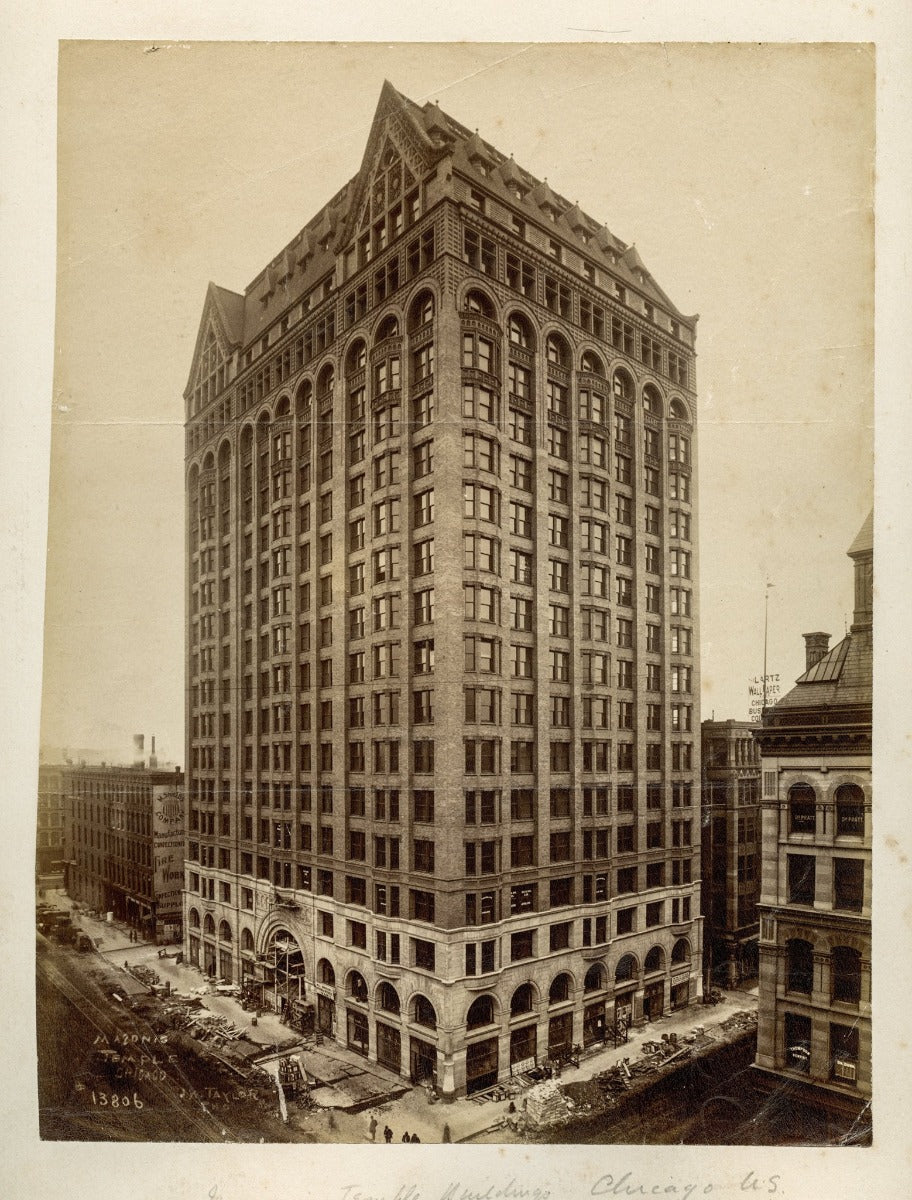 rare 19th century largely intact glass paperweight featuring burnham and root's masonic temple buildinf