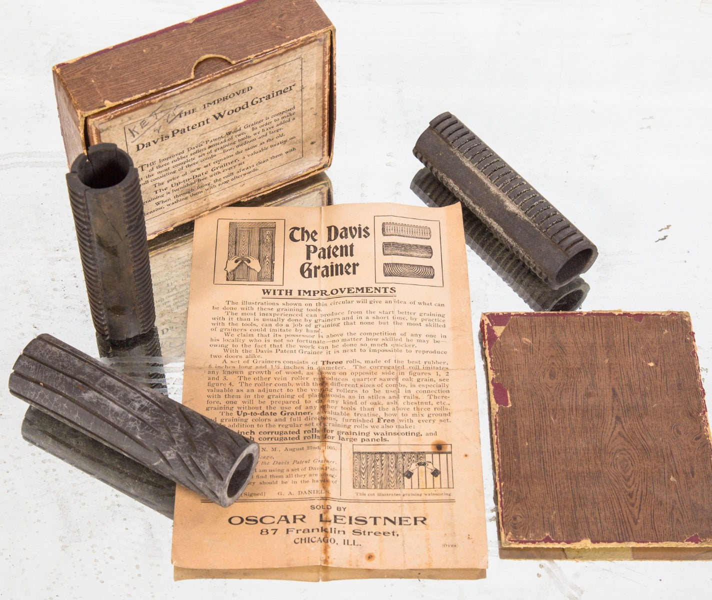 original and complete early 20th century "davis patent" wood grainer kit for faux wood grain finishes applied to woodwork used in oyen's commissions