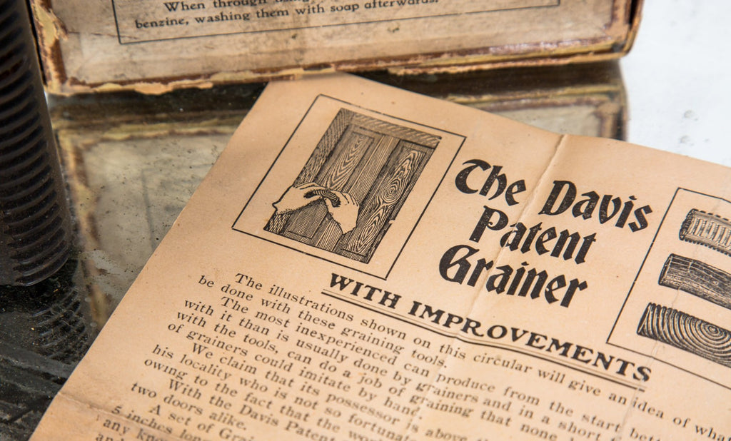 original and complete early 20th century "davis patent" wood grainer kit for faux wood grain finishes applied to woodwork used in oyen's commissions