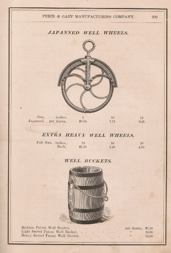 rare original c. 1876 perin & gaff manufacturing company hardbound "illustrated catalogue and price list of general hardware and agricultural implements" with several informational period inserts