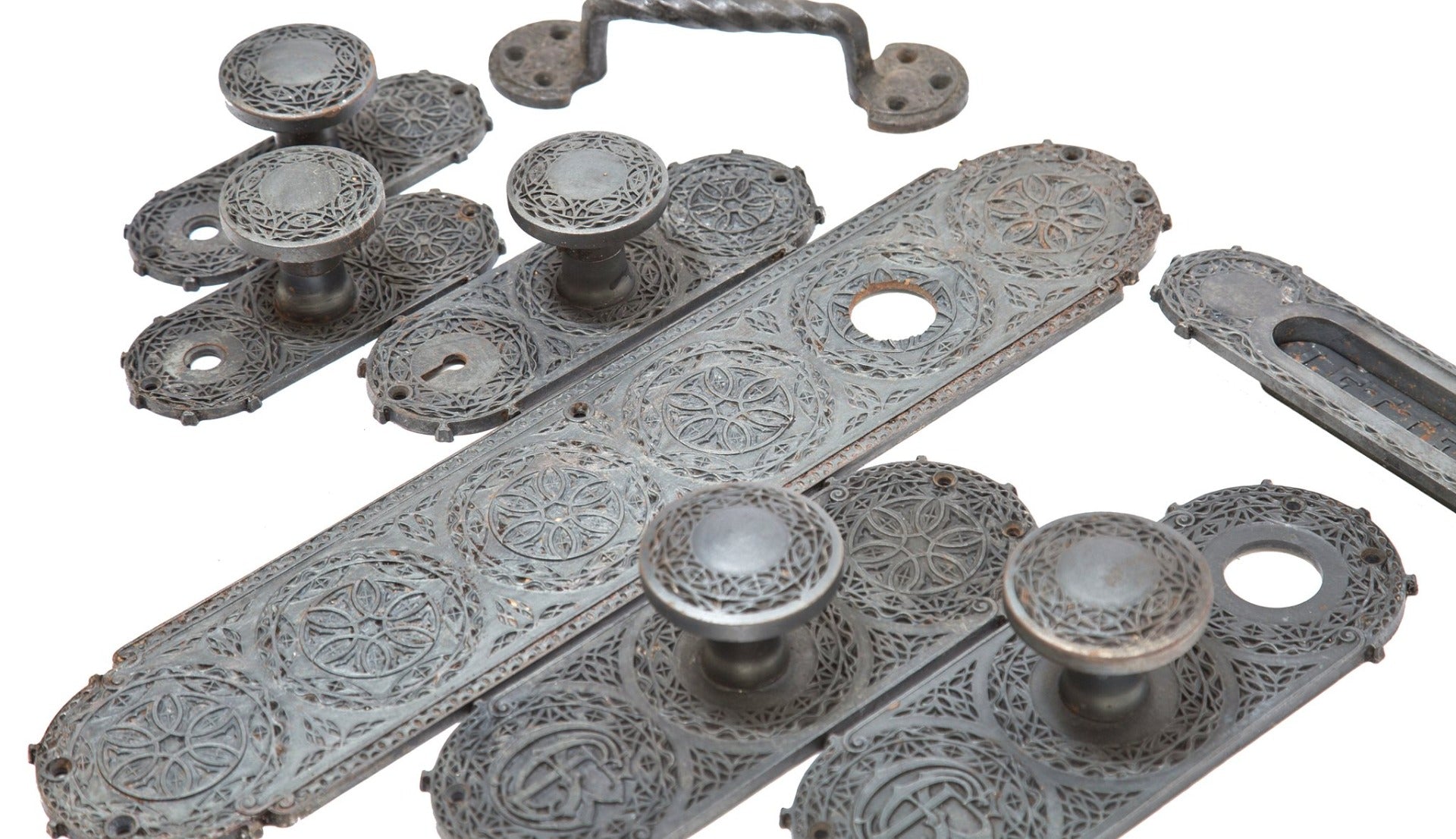 original louis h. sullivan-designed ornamental cast iron chicago stock exchange monogrammed backplate with matching doorknob