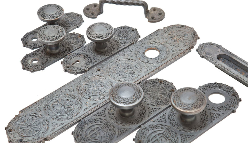 original louis h. sullivan-designed cast iron yale and towne chicago stock exchange building office door backlate and matching doorknob