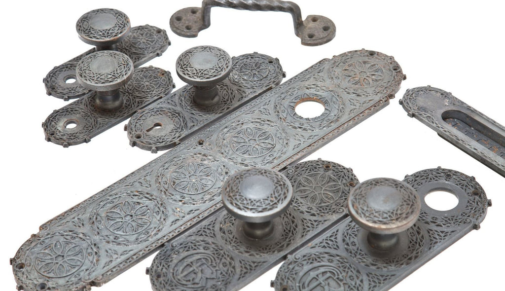 original 1894 louis h. sullivan-designed ornamental cast iron chicago stock exchange trading room door push plate with intact bower-barff finish