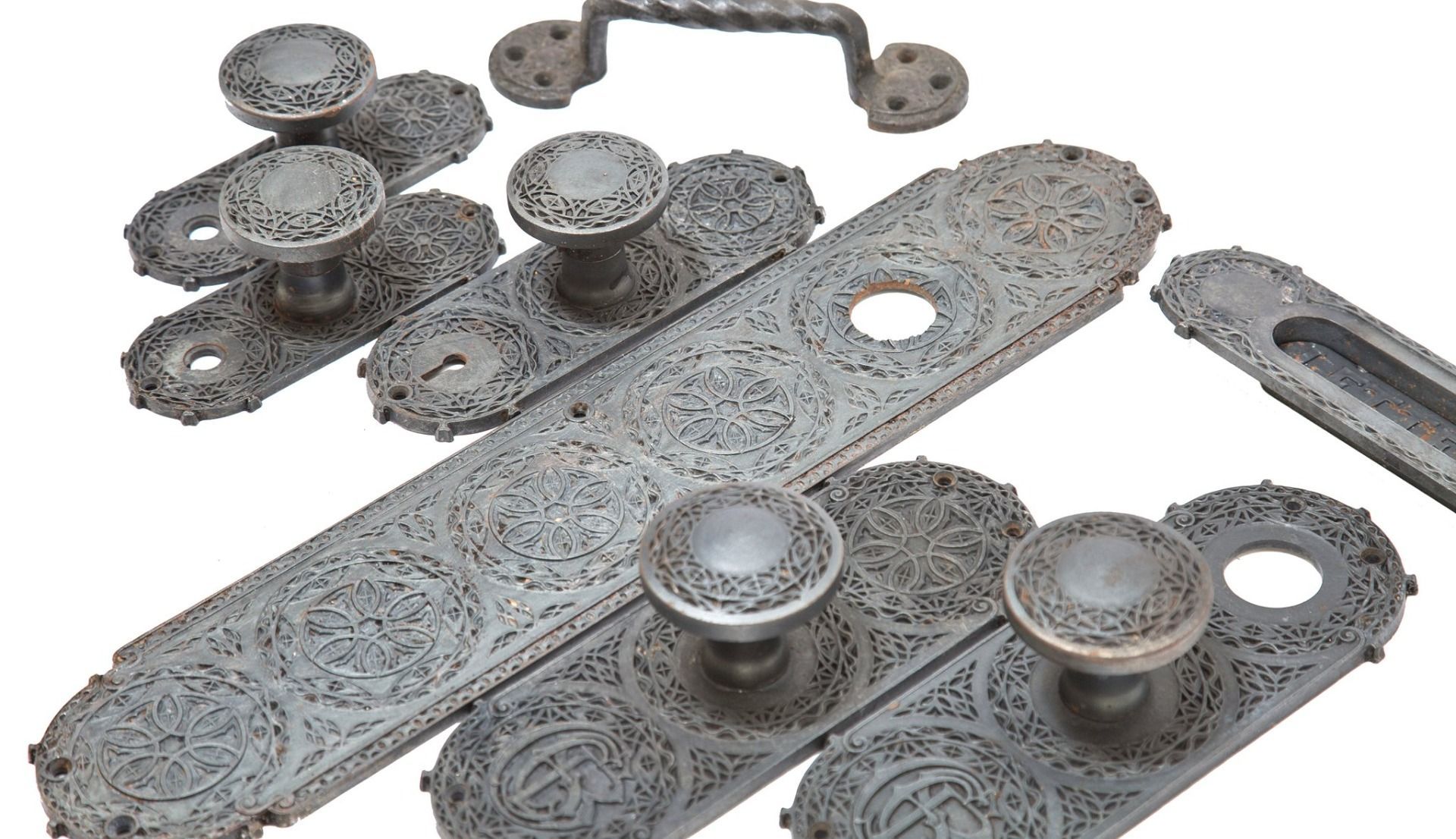 original 1894 louis h. sullivan-designed ornamental cast iron chicago stock exchange trading room door push plate with intact bower-barff finish