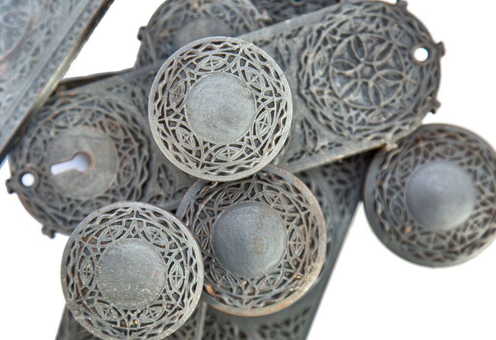 original louis h. sullivan-designed cast iron yale and towne chicago stock exchange building office door backlate and matching doorknob