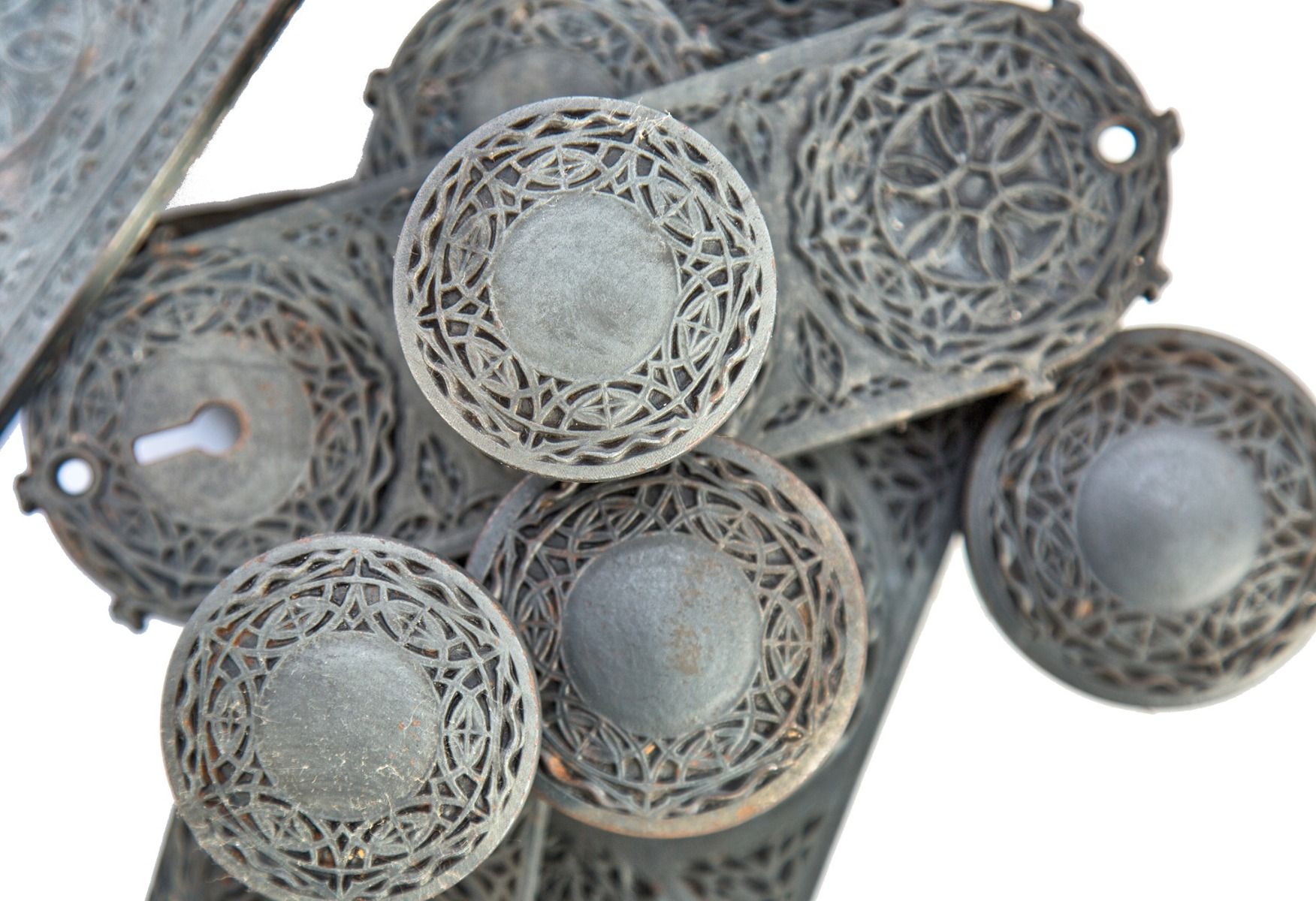 original louis h. sullivan-designed cast iron yale and towne chicago stock exchange building office door backlate and matching doorknob