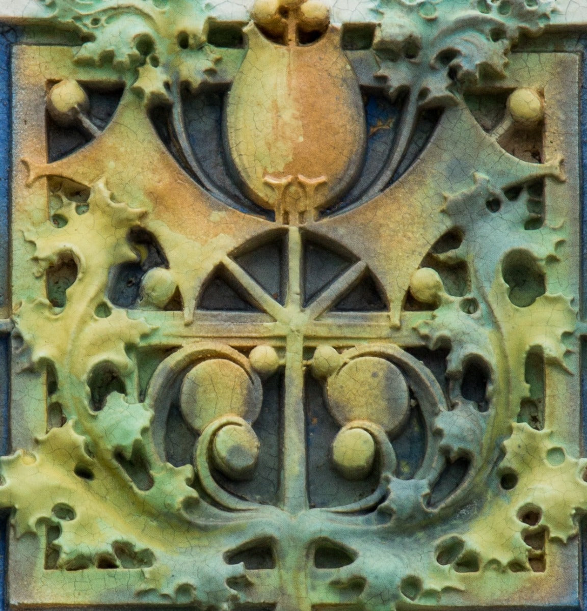 faithfully reproduced polychrome enameled plaster recast of a terra cotta panel adorning the exterior of louis h. sullivan's 1914 purdue state bank