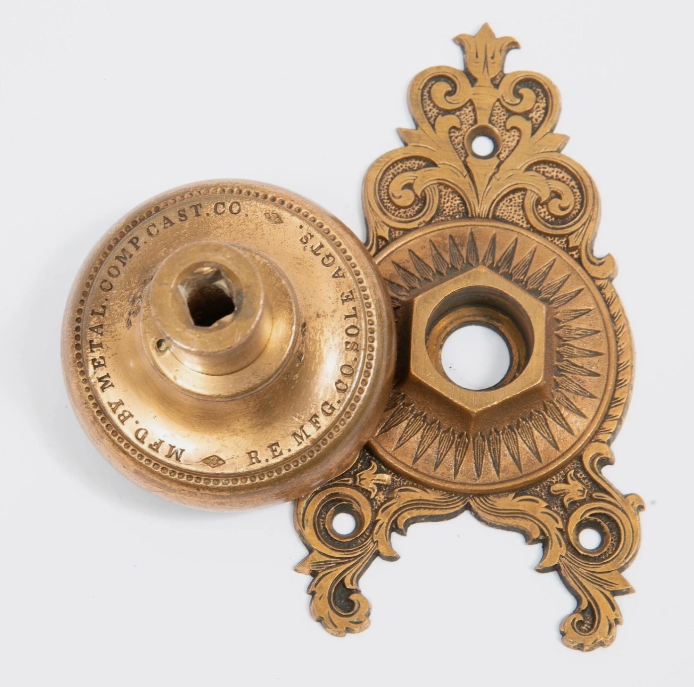 1870s gold wash mccc/re figural bronze doorknob and backplate