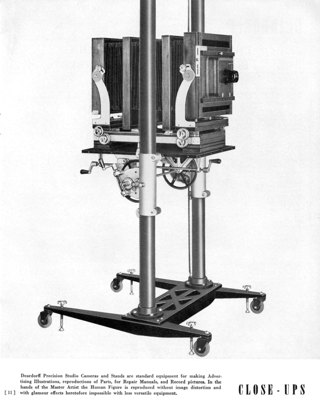 early 20th century antique american depression era oversized dearorff mobile 8 x 10 view camera stand or tilting crank table with turned wood handles and upright posts with counter-weights