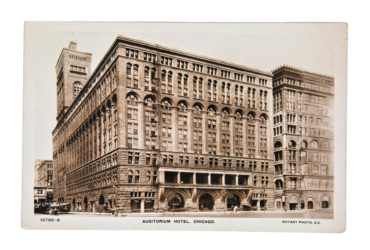 hard to find and highly sought after early 20th century real photo post card of adler & sullivan's 1889 chicago auditorium building with fire escape and tower