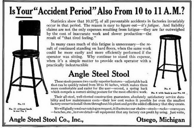 fully adjustable c. 1920's original industrial four-legged oak wood and angled steel freestanding factory machinist stool with intact wood backrest