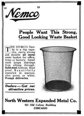 unusually shaped c. 1930's orange enameled original american industrial diamond mesh metal office waste or trash basket