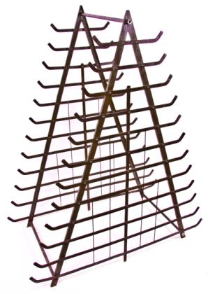 original and remarkably intact c. early 20th century  antique industrial salvaged chicago factory a-frame stationary cast iron pipe rack cart