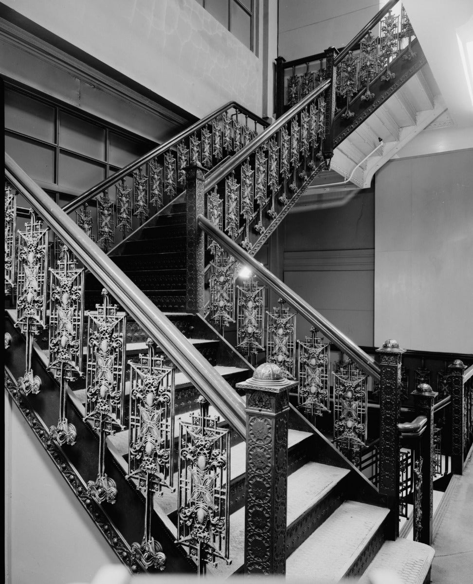 original copper-plated 1899 schlesinger and mayer building ornamental cast iron interior staircase baluster