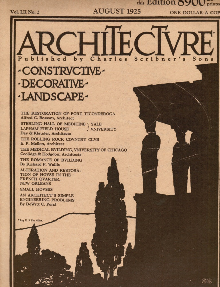 rare softcover “architecture” periodical, vol. LII no. 2, published in august 1925 in an edition of 8500 by charles scribner’s sons in new york.