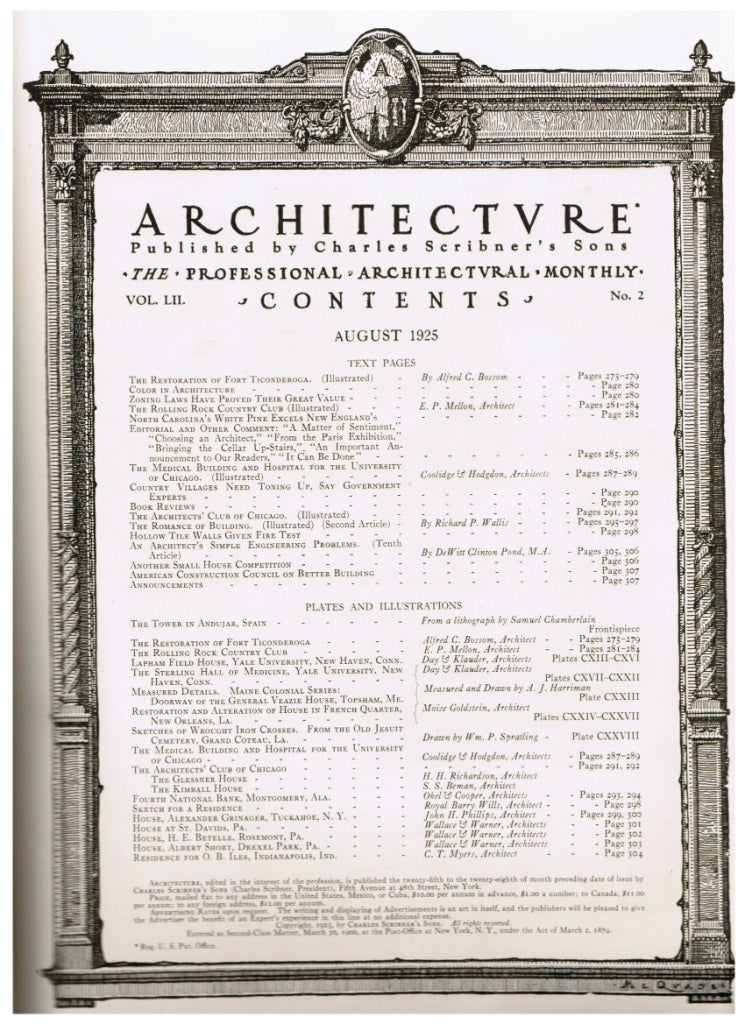 rare softcover “architecture” periodical, vol. LII no. 2, published in august 1925 in an edition of 8500 by charles scribner’s sons in new york.
