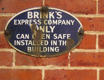 original c. 1930's single-sided american cold-rolled steel cobalt blue porcelain enameled brink's express agency exterior building sign