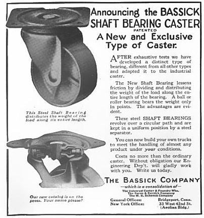 group of four matching c. 1920's american industrial "no. 36" bassick steel and iron factory truck or cart swivel casters
