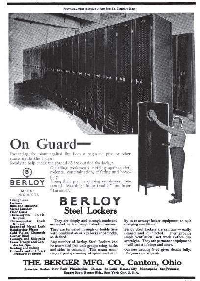 two interconnected c. 1920's all original american antique "berloy steel" freestanding factory locker double-unit with baked-on olive green paint finish
