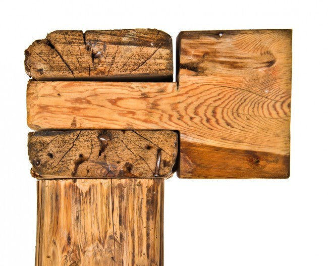 oversized circular-sawn 19th century decommissioned chicago balloon frame old growth pine wood structural sill plate beam segment with a hand-chiseled tenon