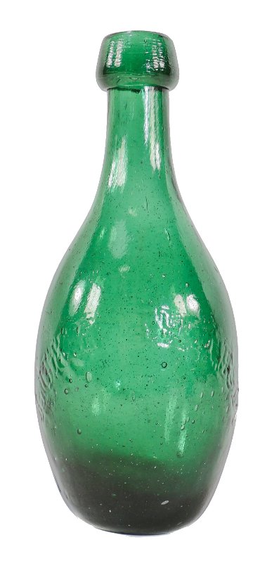 exceptional rare and original mid-nineteenth century dark emerald green iron pontiled ten pin shaped soda bottle manufactured for boston bottler luke beard.