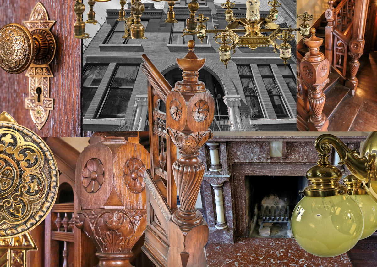 exceptional hand-carved 1880's salvaged chicago solid oak interior residential newel post and railing with a uniform stained finish
