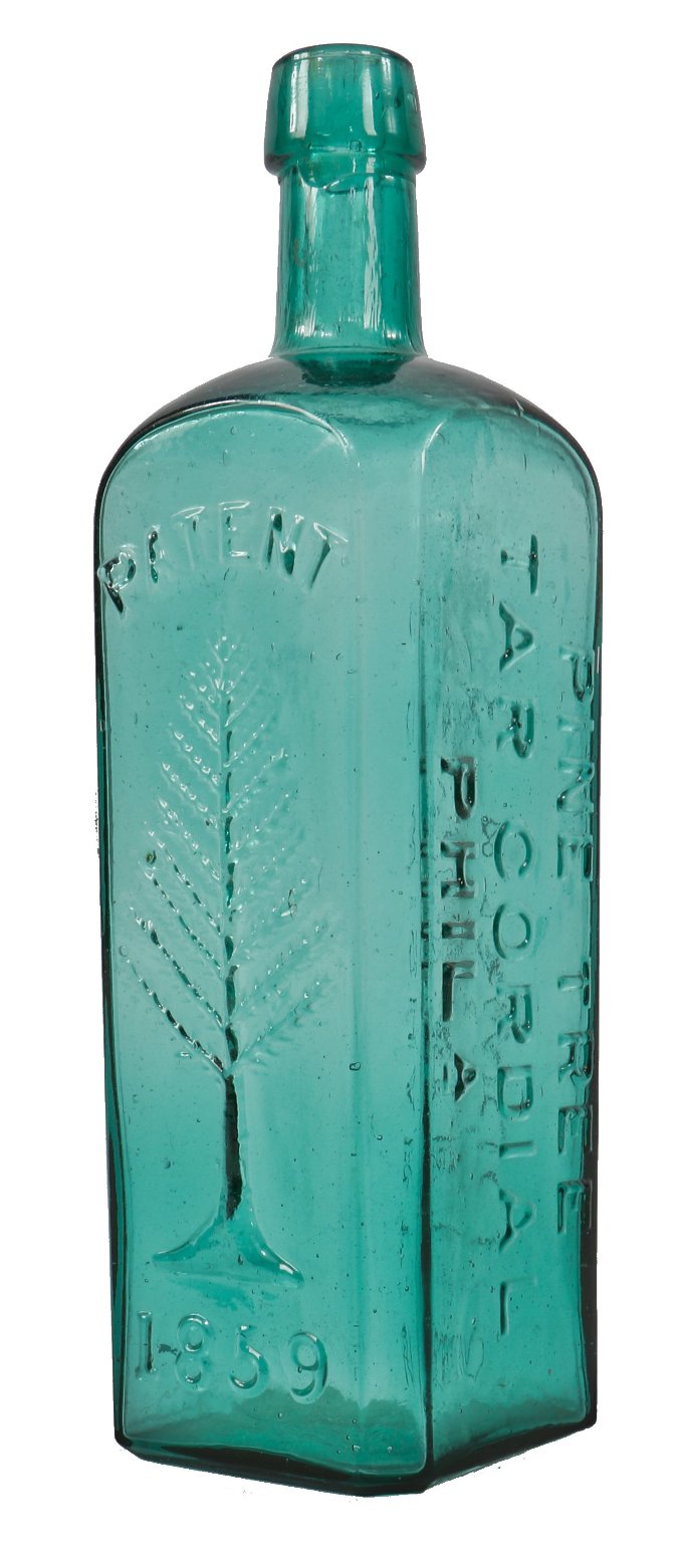 original oversized c. 1860's civil war-era teal colored hinged mold glass "pine tree tar cordial" medicine bottle with deeply embossed tree logo