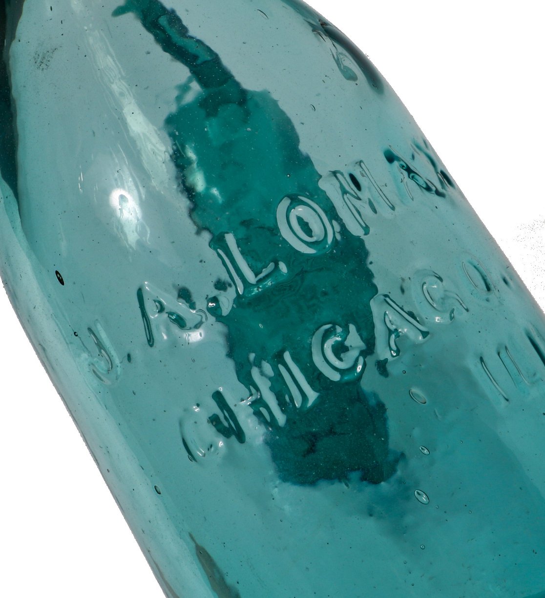 hard to find early 1860's antique american green aqua colored glass "j.a. lomax" privy dug pony bottle with crude applied blob top and smooth base