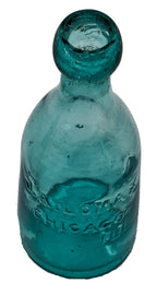 hard to find early 1860's antique american green aqua colored glass "j.a. lomax" privy dug pony bottle with crude applied blob top and smooth base