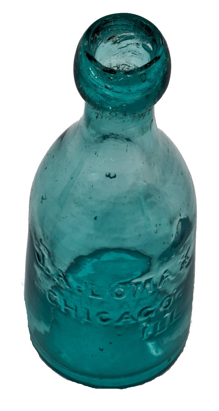 hard to find early 1860's antique american green aqua colored glass "j.a. lomax" privy dug pony bottle with crude applied blob top and smooth base
